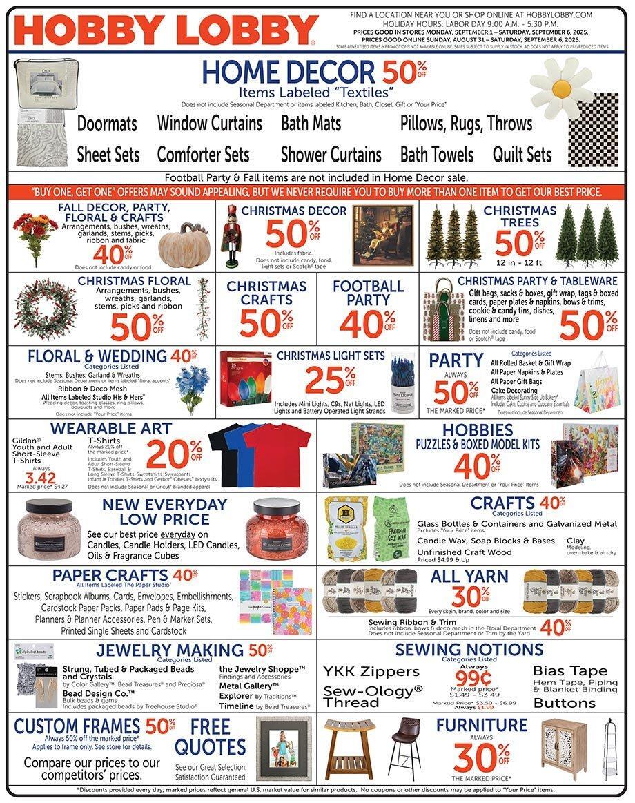 Hobby Lobby Weekly Ad Aug 31-Sep 06 - Page 1