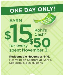 Earn $15 Kohl's Cash for every $50 Spent