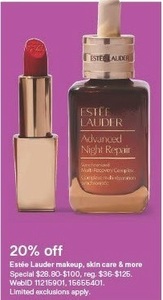 20% off Estee Lauder makeup skin care & more.