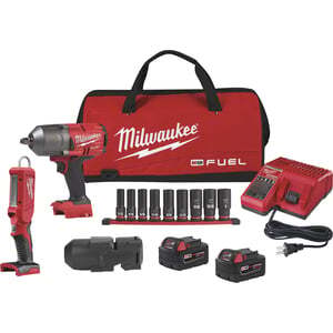Milwaukee M18 FUEL Li-ion 1/2in. Impact Wrench, LED Stick Light and Impact Socket Set 2 Batteries