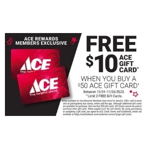 Free $10 Ace Gift Card When You Buy A $50 Ace Gift Card