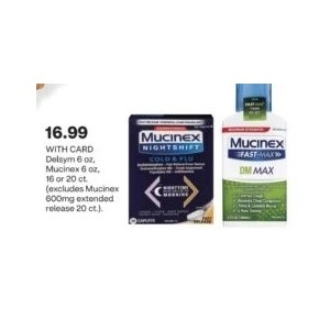 with card Delsym 6oz, muclnex 6oz 16 or 20 ct