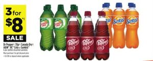 Dr Pepper, 7Up, Canada Dry®, A & W, RC Cola or Sunkist 3 for $8.00