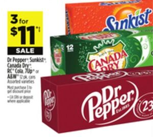 Dr Pepper, Sunkist, Canada Dry, RC Cola, 7Up or A & W 3 for $11