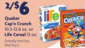 Quaker Cap'n Crunch 10.3-12.6 oz. or Life Cereal 13 oz.