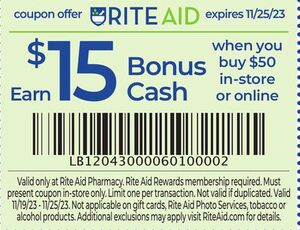 Earn $ 15 coupon offer when you buy $50 in-store or online