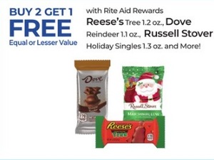 Reese's Tree 1.2 oz, Dove Reindeer, Russell Stover Holiday Singles