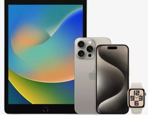 iPhone 15 Pro with titanium, iPad and Apple Watch SE