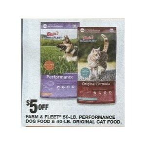 $5 off Farm & Fleet 50-lb. Performance Dog Food & 40-lb. Original Cat Food