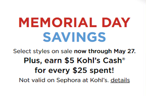 Earn $5 Kohls Cash for Every $25 Spent