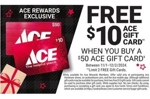 Free $10 Ace Gift Card When You Buy A $50 Ace Gift Card