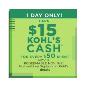 $15 Kohls Cash w/$50+ Order