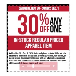 30% Off Any One Regularly Priced Apparel Item