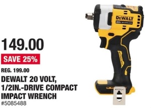 Dewalt 20 Volt, 1/2in.-drive Compact Impact Wrench