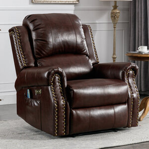 Maxwellton 39" Wide Top Faux Leather Power Standard Recliner Chair Brass Nail Decoration Massage Heating