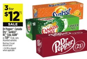 12 pk. Dr Pepper, Canada Dry, Sunkist, RC Cola, A & W or 7UP