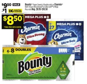 Bounty Paper Towels 4 Double rolls or Charmin Bath Tissue Ultra Strong TM or Ultra Soft TM 6 Mega Plus rolls