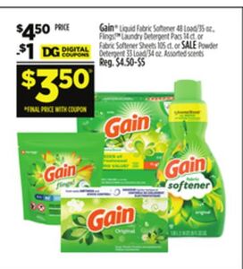 Gain Liquid Fabric TM Laundry Detergent Pacs 14 ct. or Fabric Softener Sheets 105 ct. or SALE Powder Detergent 33 Load/34 oz