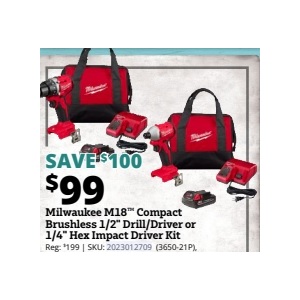 Milwaukee M18 Compact Brushless 1/2" Drill/Driver or 1/4" Hex Impact Driver Kit