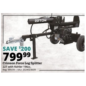 Crimson Force Log Splitter 22T with Kohler 196cc