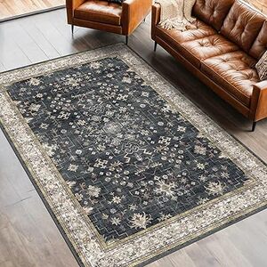 Black Boho Living Room Rug 5x7, Washable Dark